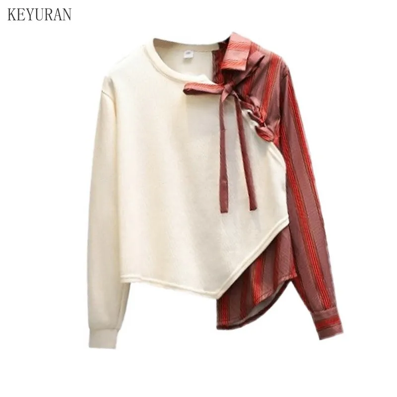 

Plus Size Spring Sweatshirt Women's New Korean Style Stitching Irregular Striped Shirt Long-Sleeve Top Ladies Thin Hoodies Femme