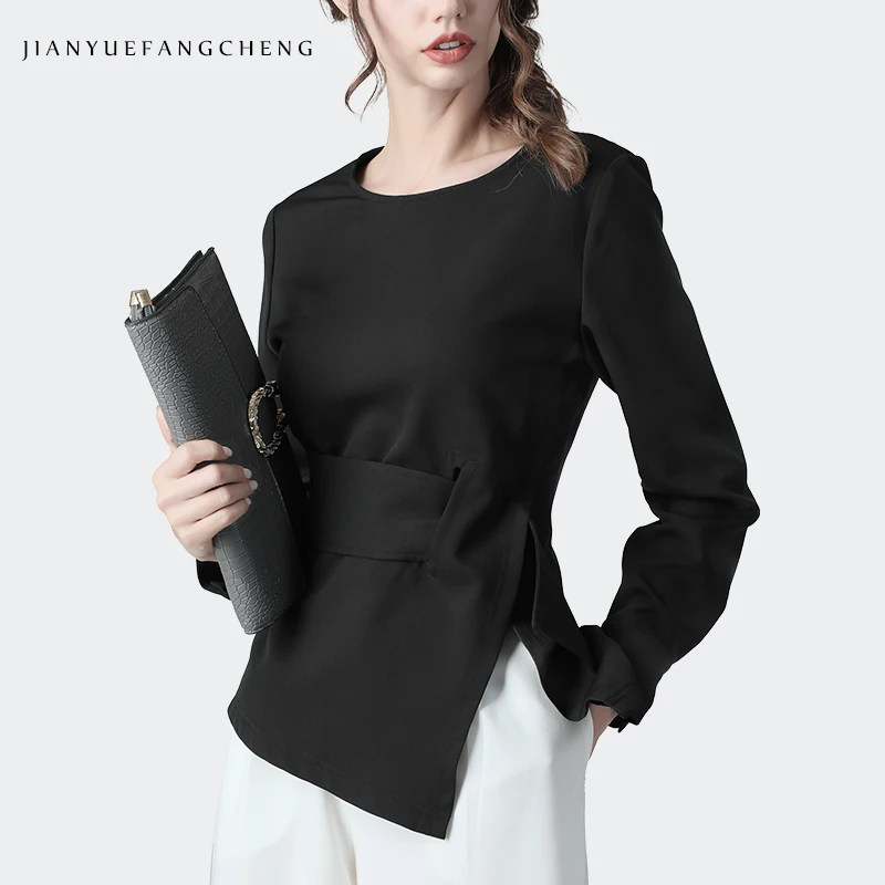 Женская винтажная Блузка с поясом элегантная офисная блузка ярких цветов