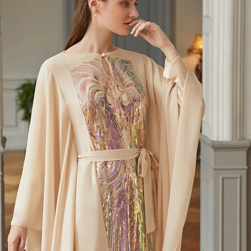 Женское шифоновое платье с разноцветными блестками длинными рукавами фараша
