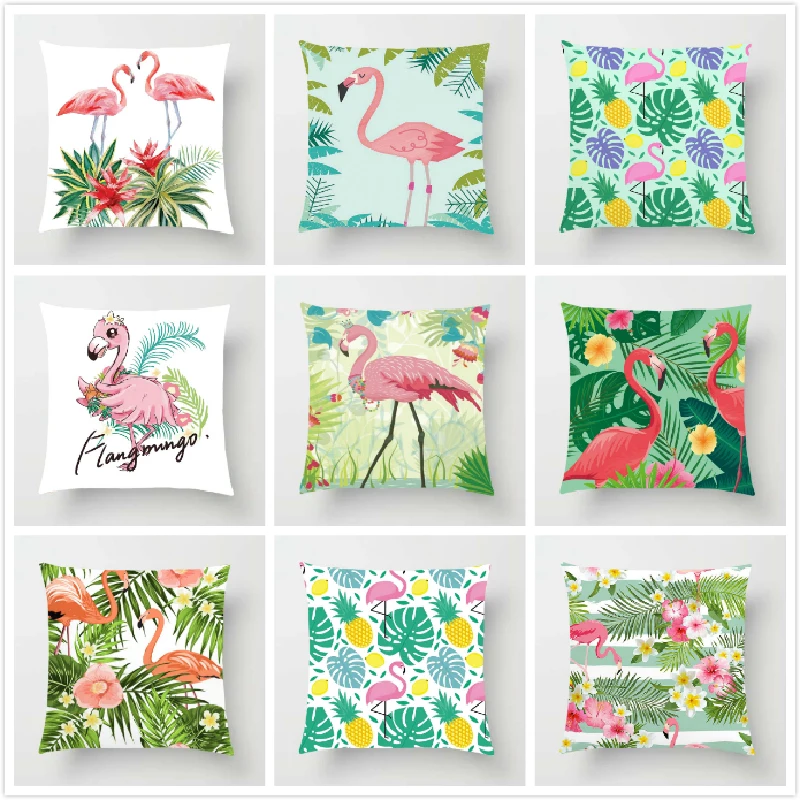 

Tropical Summer Plants Cushion Covers Flamingo Flowers Pineapple Cactus Floral Cushion Case Decorative White Linen Pillow Case