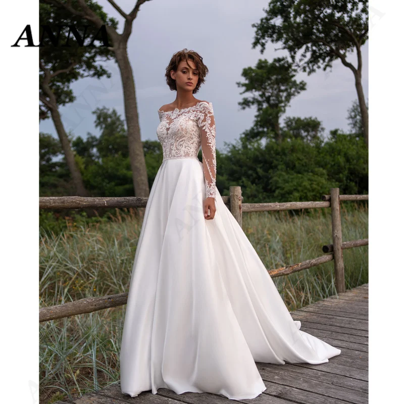 

Anna Beauty Wedding Dress 2021 Vintage Off Shouler Satin Beach Party Gown Boho Appliques Vestido De Noiva Civil Women Skirt
