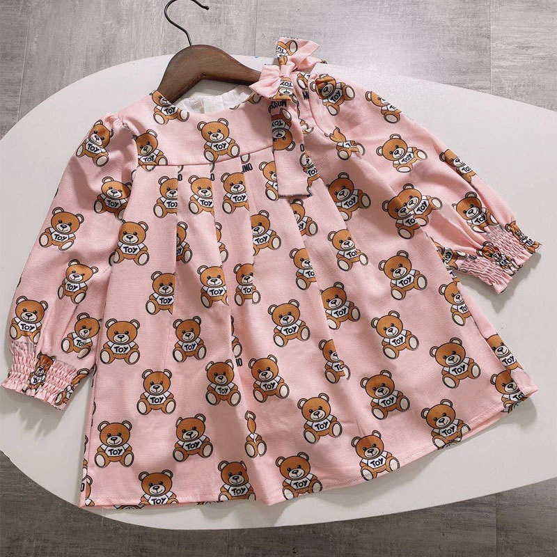 

New summer Fashion brand cartoon letter style kids girl clothes long-sleeved bear print dress baby girl princess dress 2-8 years