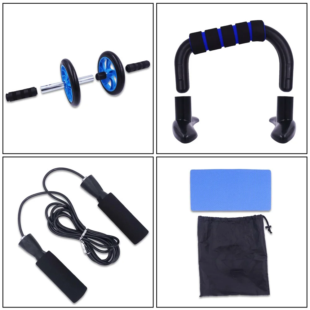 

5-in-1 Household Fitness Equipment Kit AB Wheel Roller Push-up Bar Jump Rope Kneepad Spring Exerciser