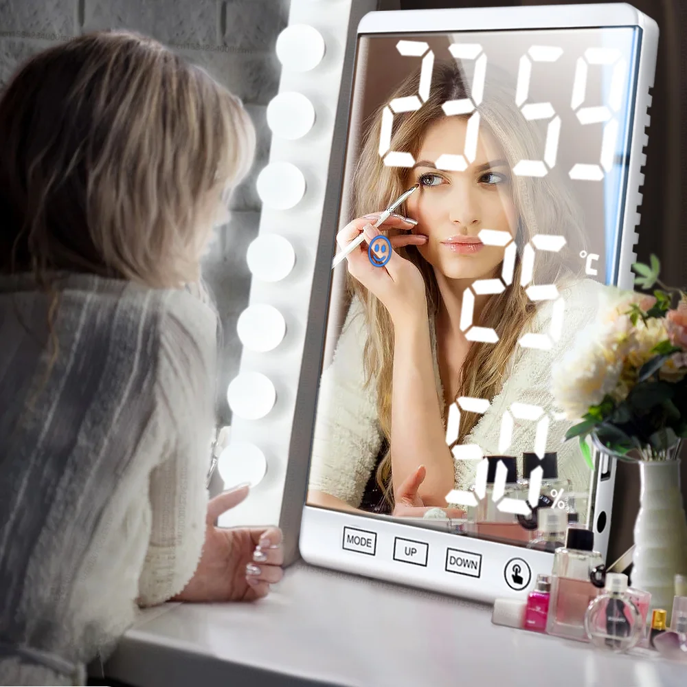 

6 Inch LED Mirror Alarm Clock Touch Button Wall Digital Clock Time Temperature Humidity Display USB Output Port Table Clock