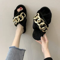 winter slippers women home fur slippers 2021 fashion chain decoration sexy open toes slippers bedroom pink plush shoes slippers