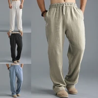 mens trousers bleached linen cotton baggy pants breathable casual sports pants full length loose solid color trousers