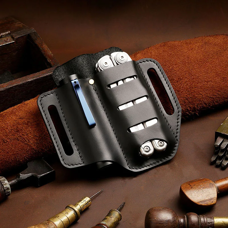 

YIMIQU Handmade Universal Leather Sheath Leather Flashlight Holster Knife Pouches Credit Cards and More Multitools-Black
