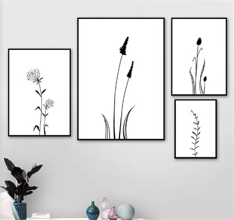 Картина на холсте в скандинавском стиле для гостиной с черно белой травой