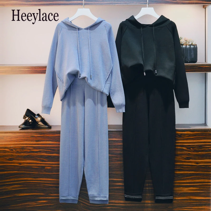 2019 осенние брючные костюмы размера плюс женский комплект 2 шт. синий вязаный