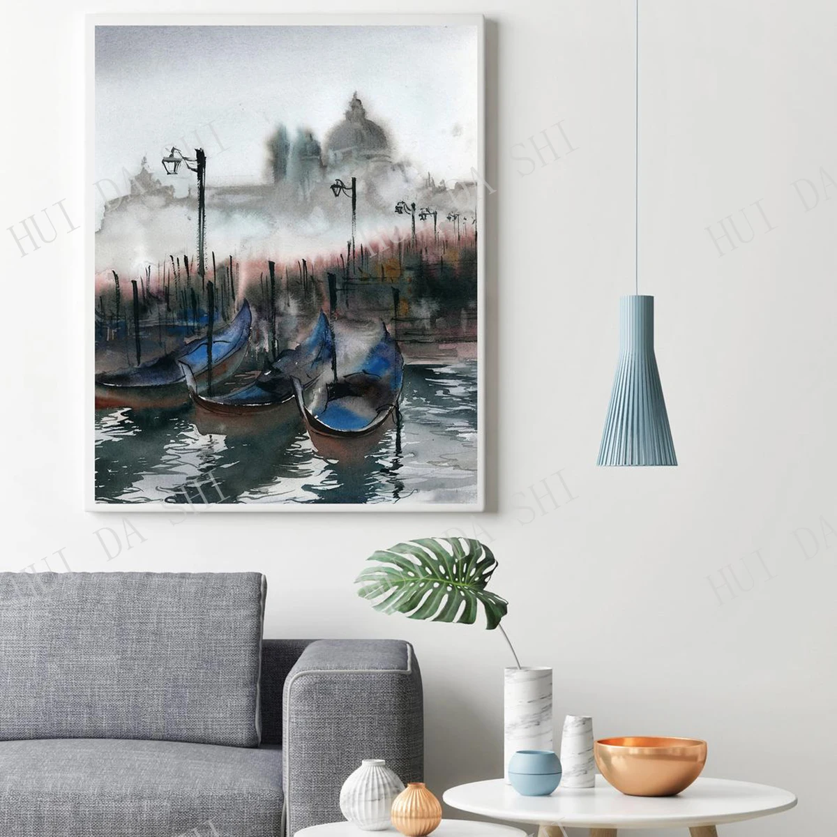 

Venice Art Print, Loose Style Watercolor Painting City Scape Art, Blue Grey Fog Blue Boats of Venice Travel Wall Art