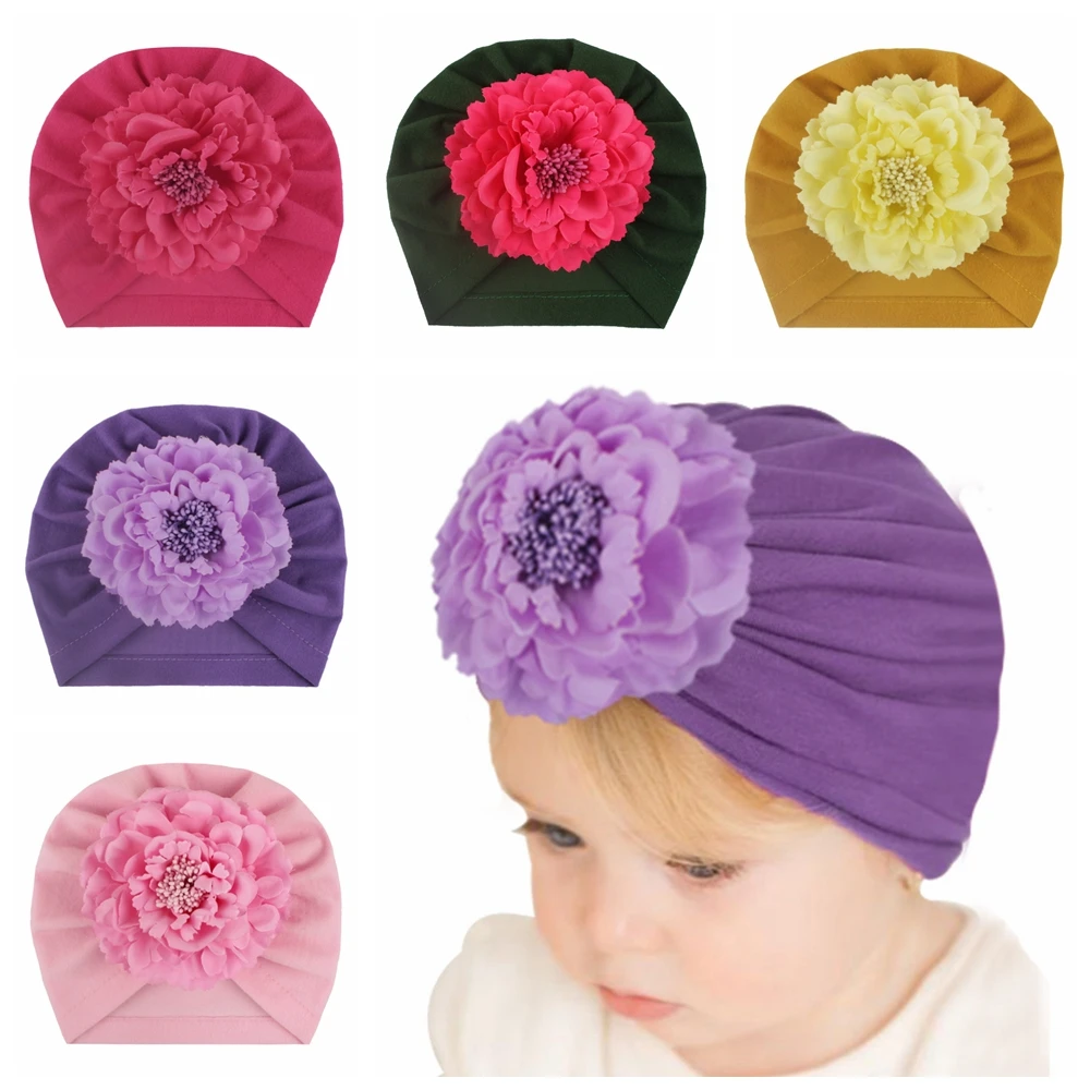 

Yundfly Soft Newborn Cotton Blending India Hat Baby Peony Flower Knotted Beanie Girls Floral Turban Hat