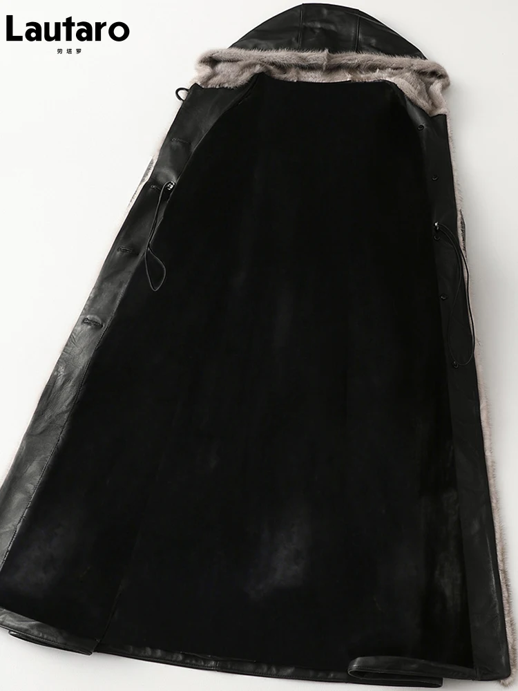 Lautaro Зимнее длинное теплое толстое черное кожаное пальто для женщин с мехом