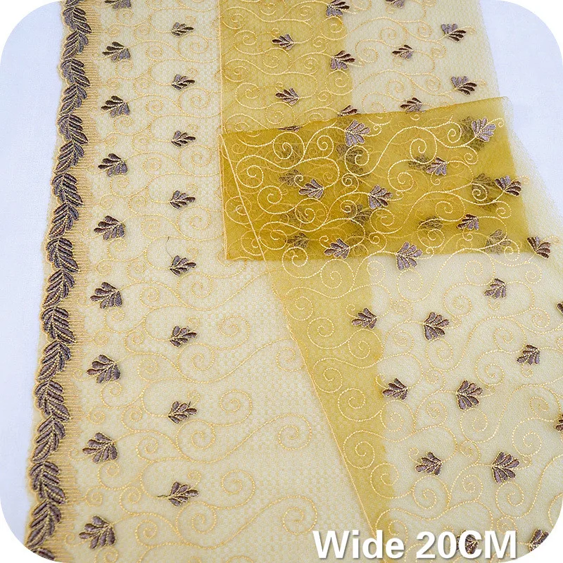 

20CM Wide Luxury Yellow Mesh Embroidery Fabric Guipure Lace Trim Fringe Ribbon Curtsin Dress Scarf DIY Apparel Sewing Decoration