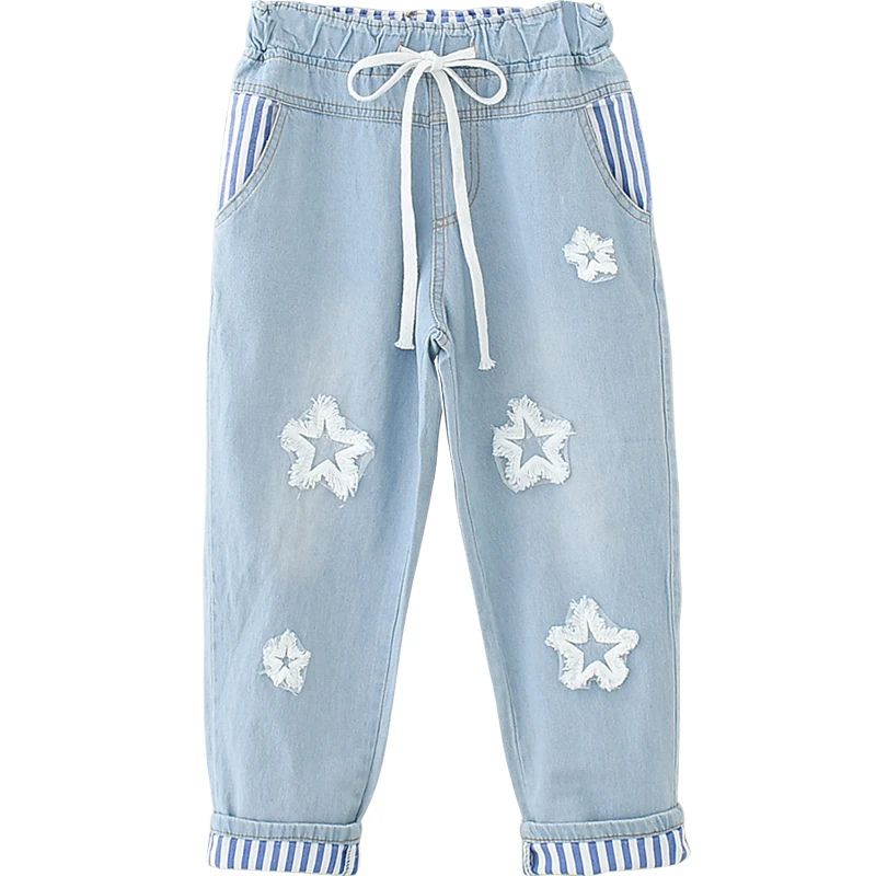 

MUMUZI 2019 Summer New Flower Embroidery Calf Length Jeans Preppy style loose denim trousers elastic waist women all match pants