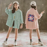 girls denim jacket autumn printing kids coat mid length school children clothes pink cotton teenager girls outerwear 12 13 years