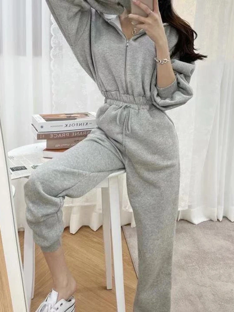 

Women Fleece Jumpsuits Hoodie Winter Warm Sweatshirts Autumn Fashion 2021 Pullovers Tracksuits