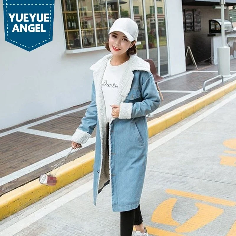 New Vintage Fashion Thick Denim Trench Coat Winter Long for Women Single Breasted Overcoats Super Warm Outwear Female Plus Size