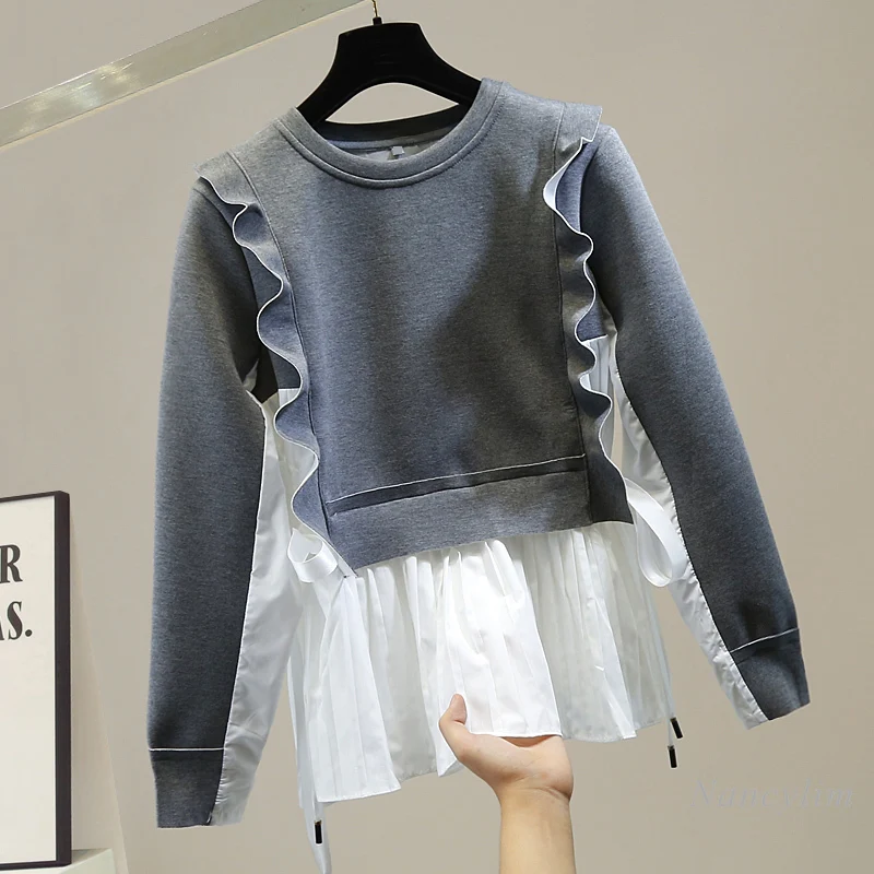 

Модная плиссированная толстовка с оборками в Корейском стиле, женская серая толстовка с капюшоном и длинным рукавом, цветная толстовка с ка...