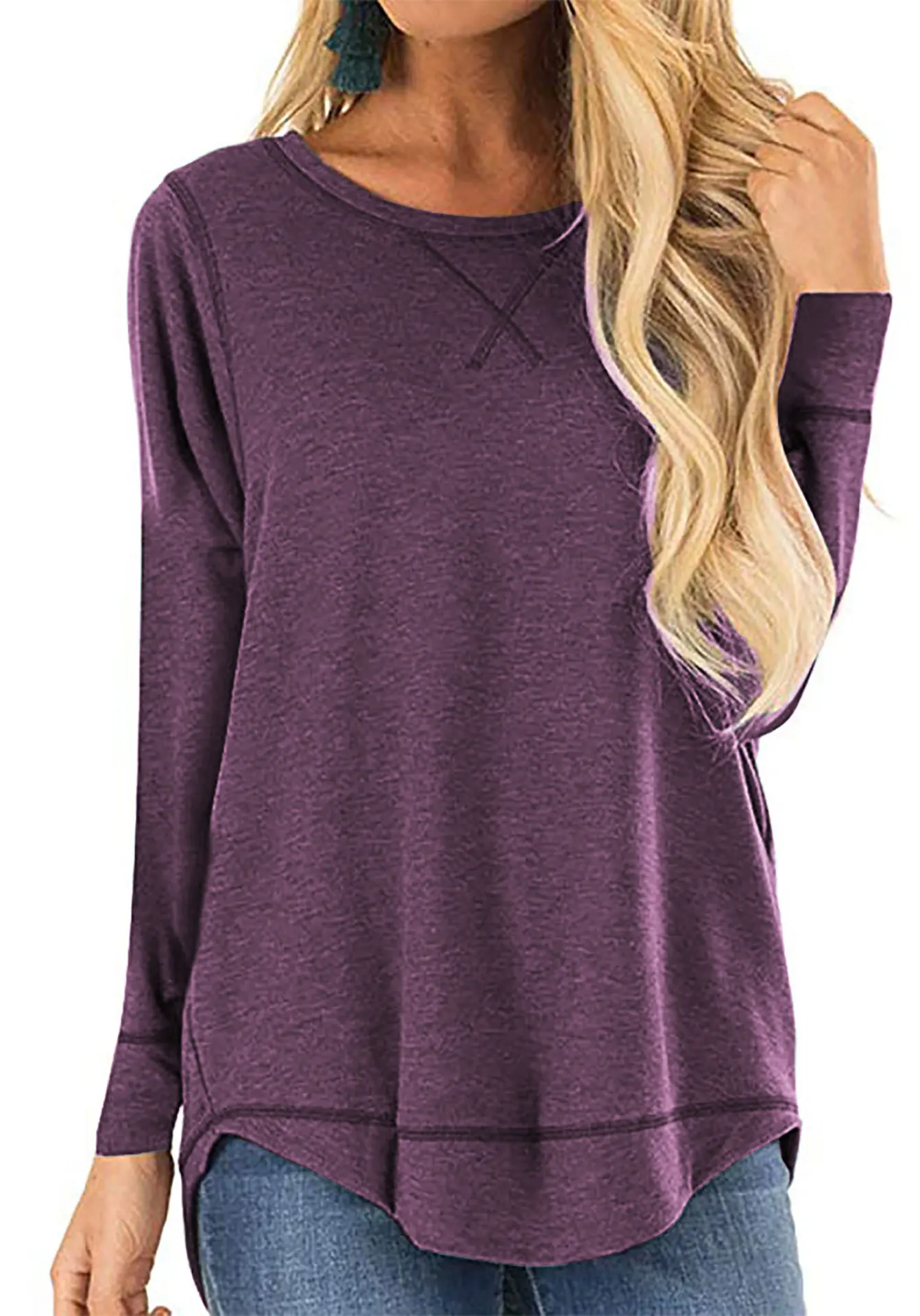 

Bazhenova Autumn Loose Women Solid Irregular T Shirt Casual O-Neck Long Sleeve Tshirt Female Tops Outwear T1597