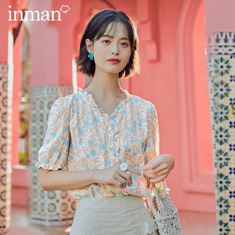 INMAN/Летняя Милая рубашка из чистого хлопка женские топы с вырезами и воротником