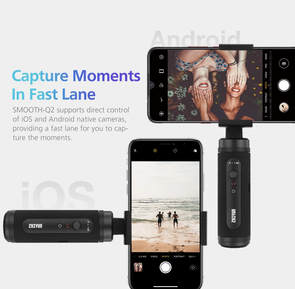 Zhiyun Smooth Q2, 3-х позиционный ручной карданный стабилизатор для смартфонов iPhone, samsung, huawei, экшн-камеры Gopro Hero 7/6/5/4