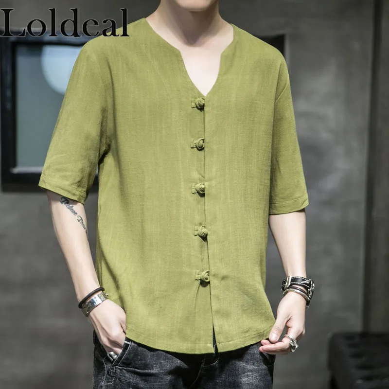 

Loldeal Chinese Style Short-sleeved T-shirt Men's Cotton and Linen Solid Color V-neck Casual Pullover