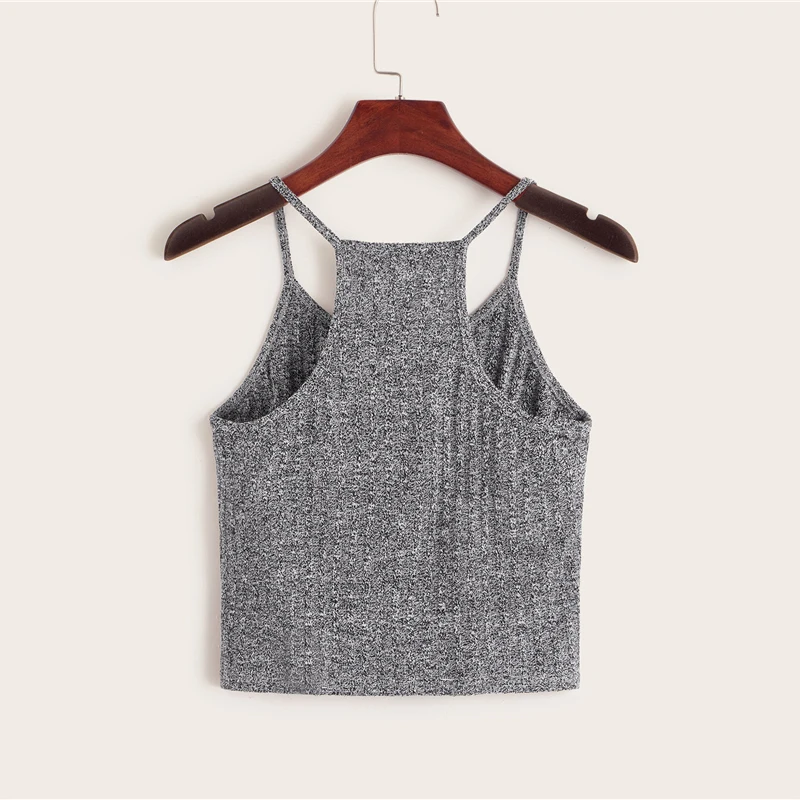 SHEIN серый ребристый Вязаный топ на бретельках Женские жилеты Женская Базовая одежда эластичный тонкий крой осень Спагетти ремень повседневные топы