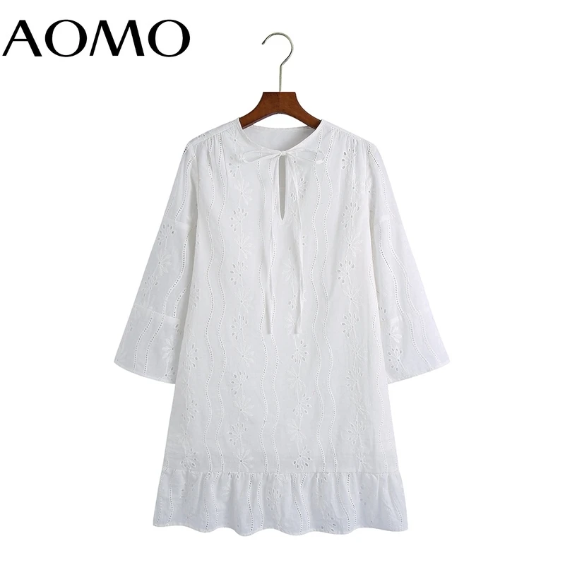 

AOMO Women Embroidery Romantic Dress Bow Females Mini Dresses Vestidos 6Z191A