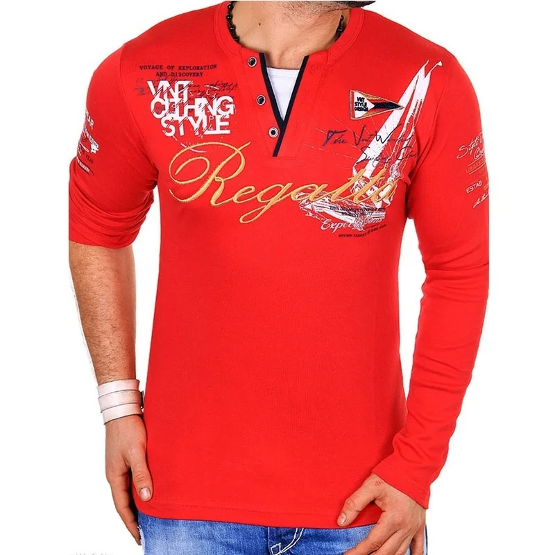 Рубашка-поло мужская с длинным рукавом V-образным вырезом | Мужская одежда