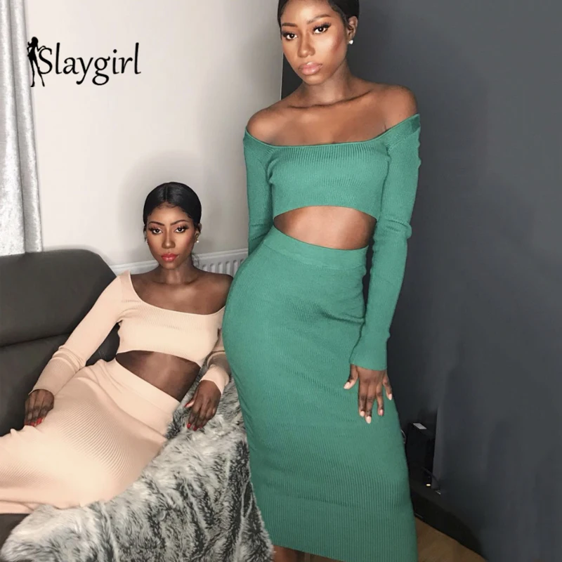 Slaygirl вязаный Повседневный Женский комплект 2 шт. укороченный топ и юбка с