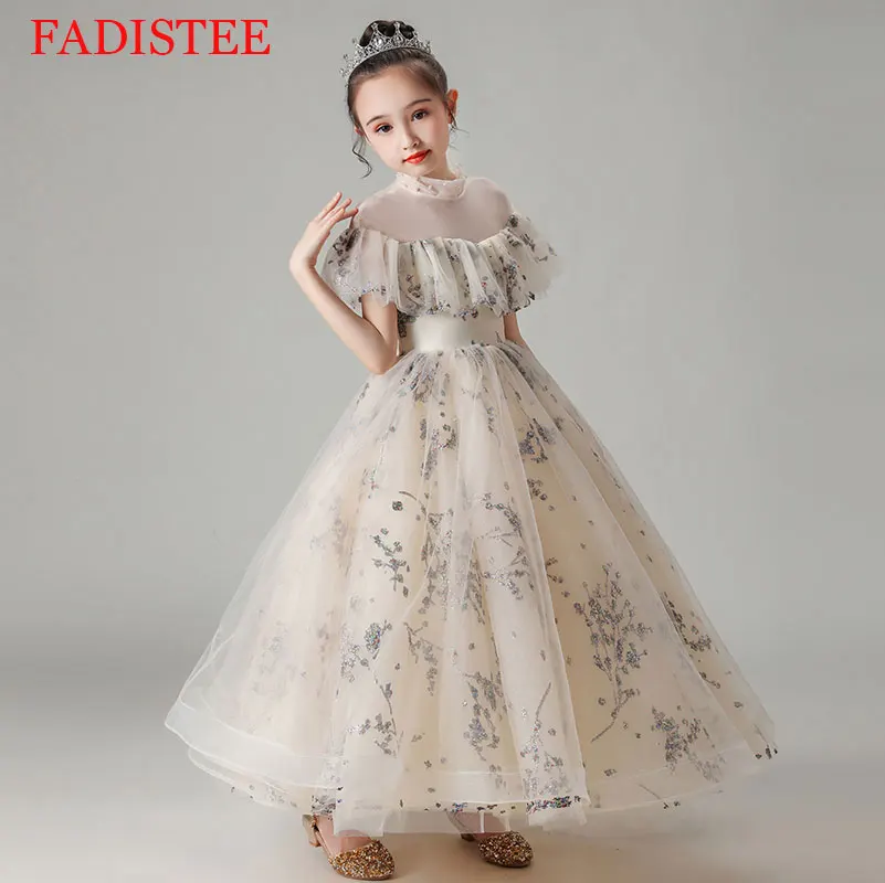 

High Collar Lace Flower Girl Dresses Short Sleeves Princess Birthday Party Dress First Communion Dresses
