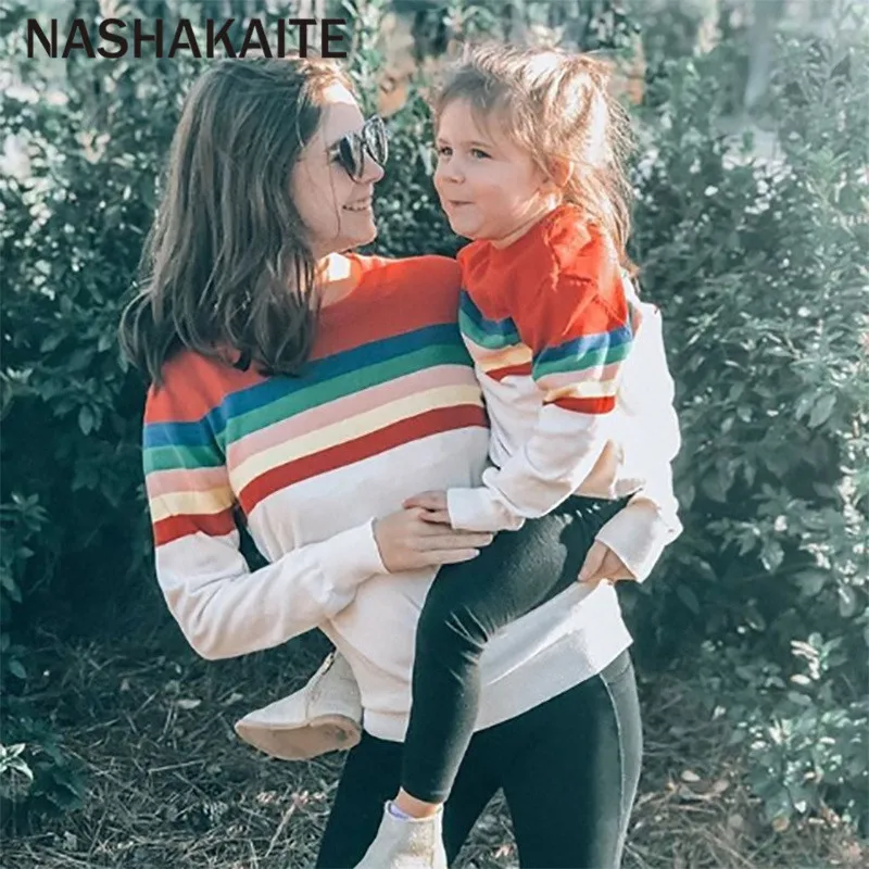 NASHAKAITE/свитер для мамы и дочки; вязаные свитера в радужную полоску для мамы и дочки; зимняя одежда для мамы и дочки