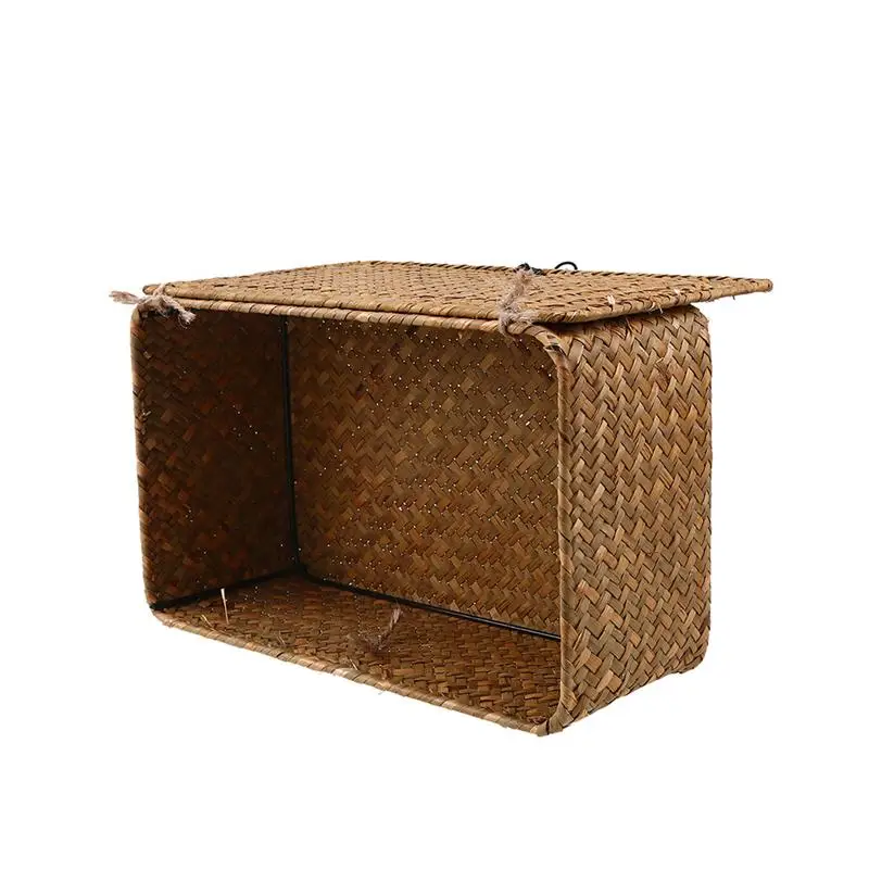 

3pcs New Seaweed With Button Woven Basket Straw Woven Debris Desktop Storage Box Hand-woven Storage Basket - Size S, M, L