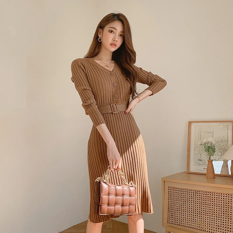 

Winter Sweater Dress Women Elegant V-Neck Long Sleeve Black Sheath Knitted Jumpers Dresses For Female Vestidos With Belt
