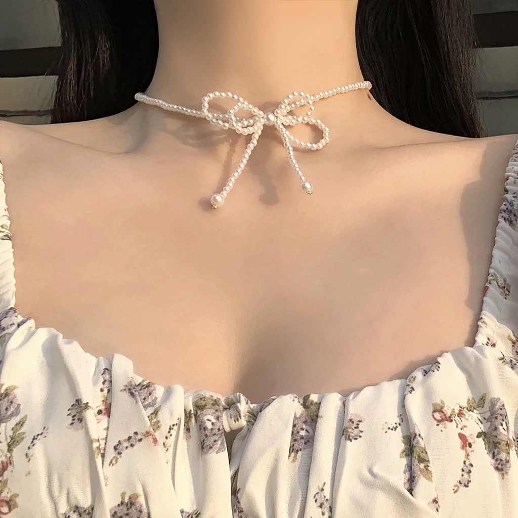 

Elegant Pearls Choker Necklaces For Women Girls Classic Trendy Bowknot Pearl Chain Choker Necklace Fashion Jewelry Gifts