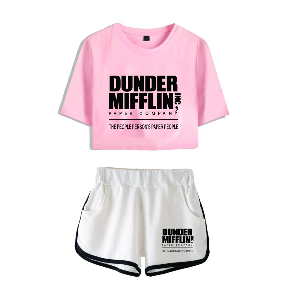 

2021 The Office TV Show Dunder Mifflin girls Two Piece Set Top Shorts Suit Sexy Short Sleeve Sport Suit women summer Tracksuit