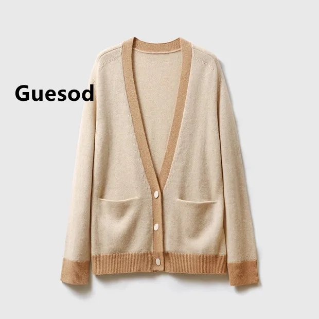 

Women Cashmere Sweater 100% Cashmere Contrast Color Cardigan Basic Outerwear Single Breasted V-Neck Knitting Shirt 2021 Guesod