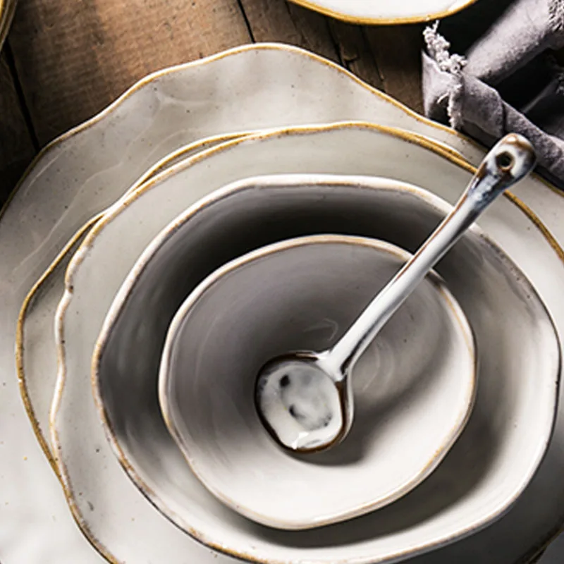

Guopin Quality Tableware Nordic Household Ceramics Irregular Shape Rice Salad Bowls Flat Dishes Shallow Desserts Dishes Plate