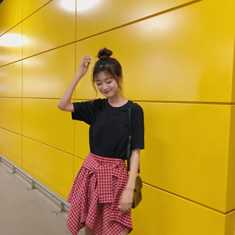 Футболка женская ярко-желтая в стиле Харадзюку однотонная черная на вкус лета 2020