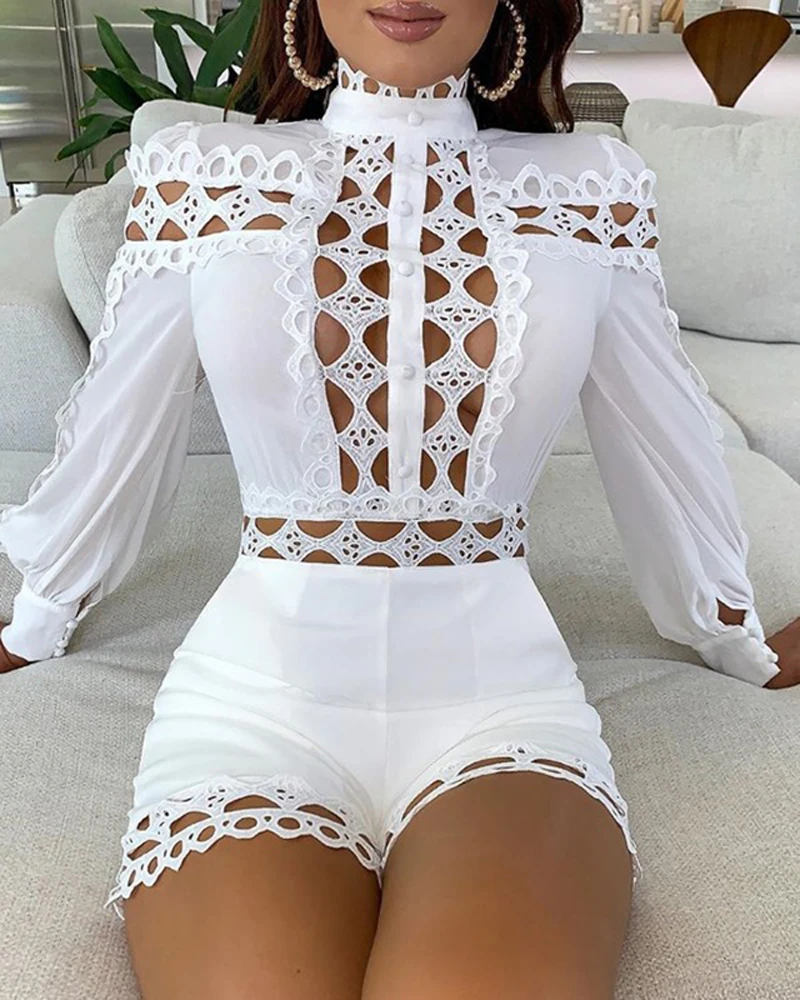 

Women Sexy Hollow Out Playsuits Summer Long Sleeve Skinny Nightclub Overall Fashion Woman Clothing