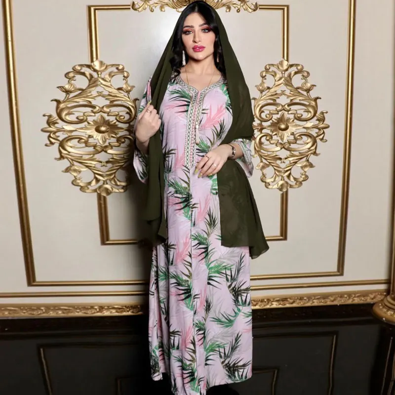 

Print Abaya Maxi Dress for Women Sfifa Ribbon Braid Trimmed Fashion Loose Dubai Morocco Kaftan Middle East Arabic Autumn New