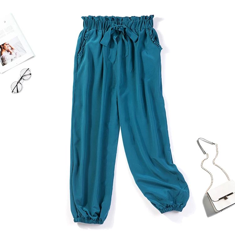 

Women's 100% Real Mulberry Silk Belt Elastic Waist Jogger Pants Trousers Multi Colors JN134