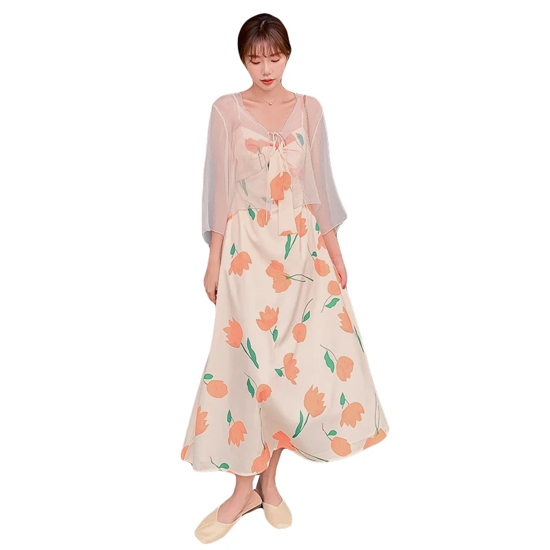 

COIGARSAM Vintage Women Long dress Bow V-Neck Dresses Condole Belt Shawl 2110