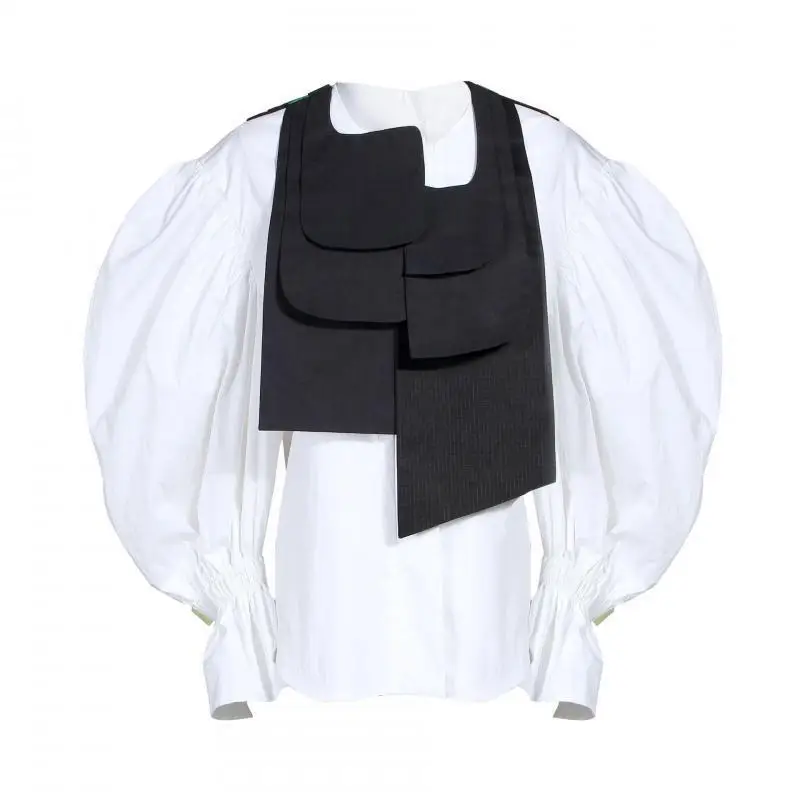 Ретро белая рубашка с рукавом-фонариком Женский комплект черным жилетом