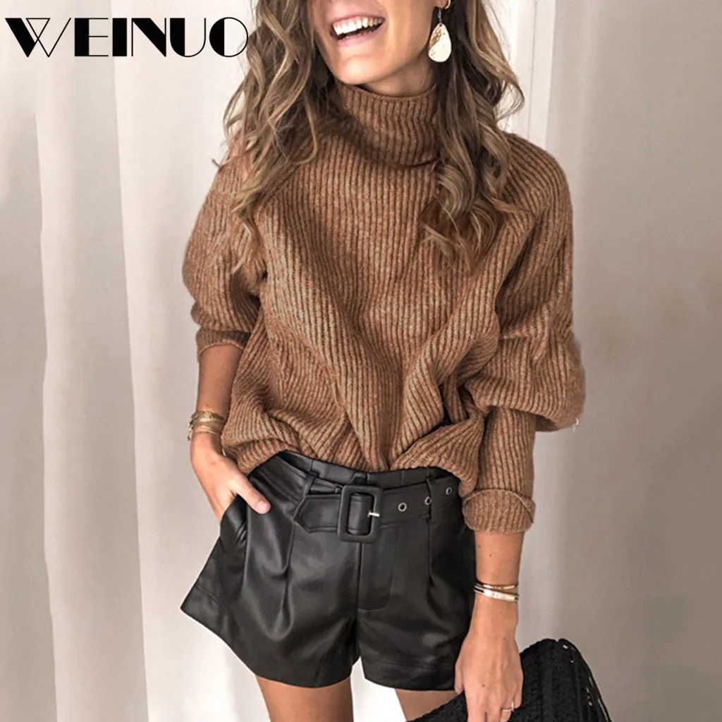 Женский вязаный свитер свободная однотонная водолазка Толстый Пуловер зима 2019 |