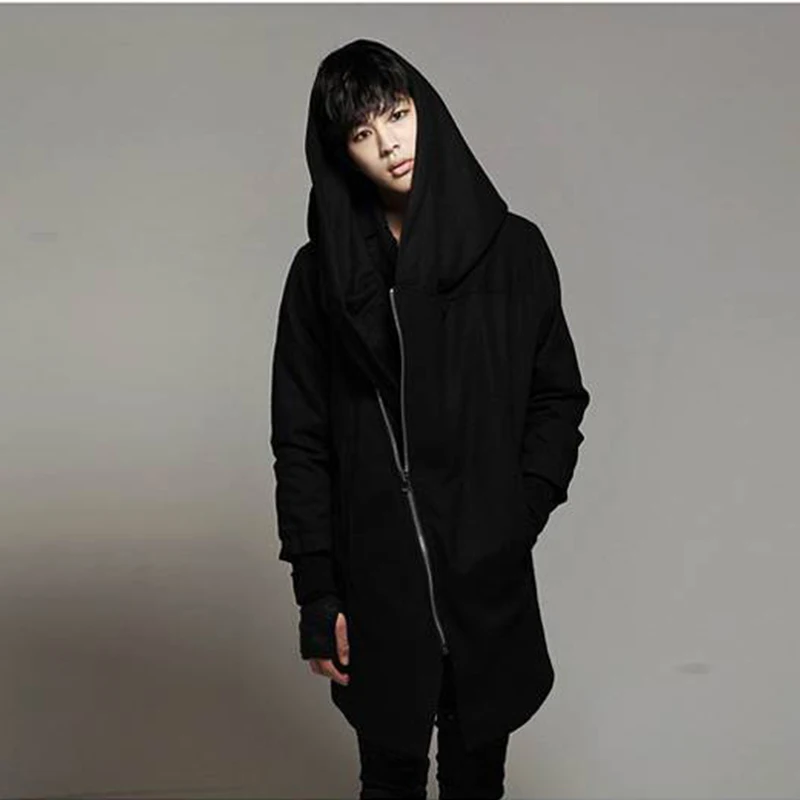

Spring suit new fashion men's mid-long full-length Oblique Zipper Hoodie mitten woolen coat men's large hat coat