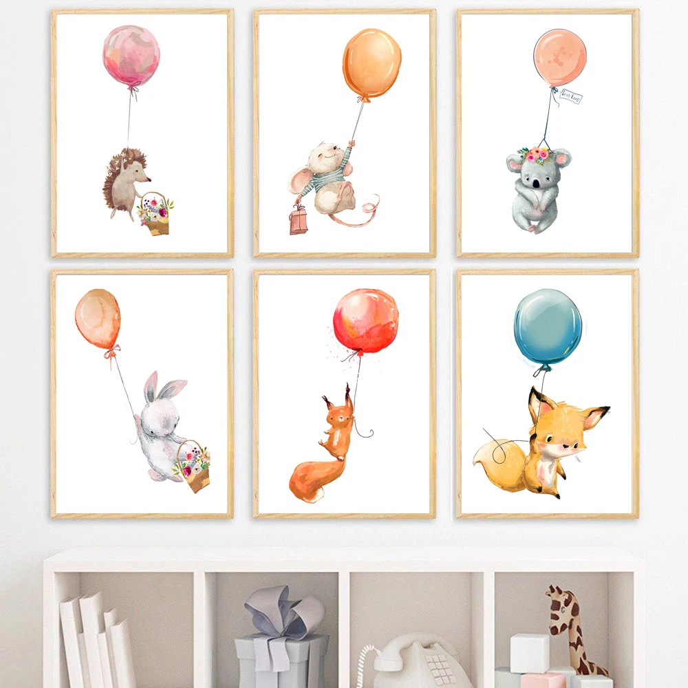 Кролик лиса белка коала мышь воздушный шар Детская стена художественный принт