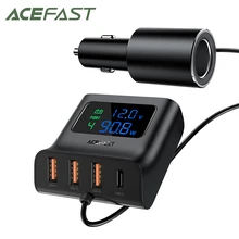 ACEFAST 4 Port USB Car Charger Cigarette Lighter Socket Splitters PD QC3.0 90W LED Display Voltmeter Dock Fast Charging Station