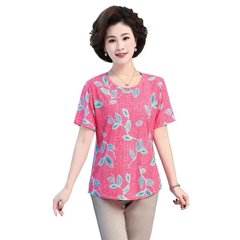 

Новая летняя футболка с коротким рукавом для матери, эластичная рубашка с цветочным принтом, летняя футболка для женщин среднего возраста