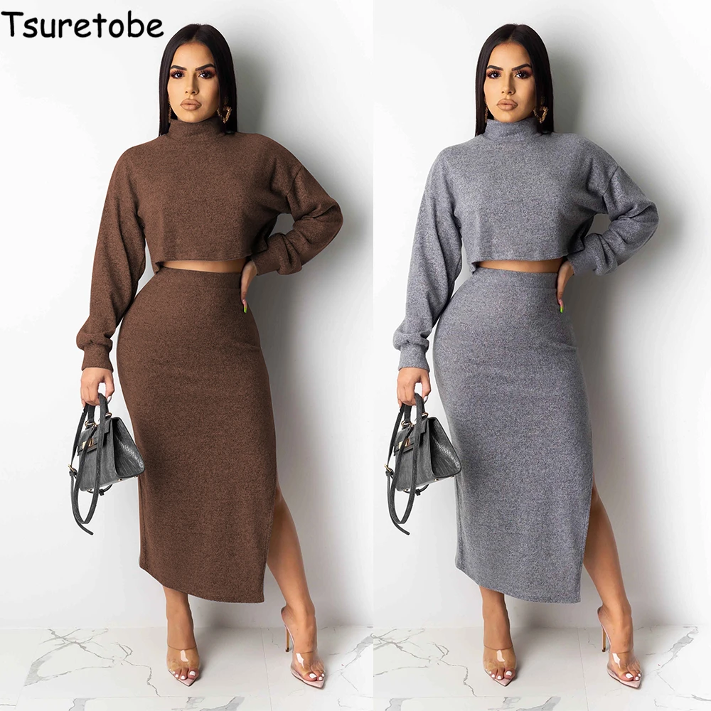 Женский комплект из двух предметов Tsuretobe свитер с высоким воротником и юбка макси